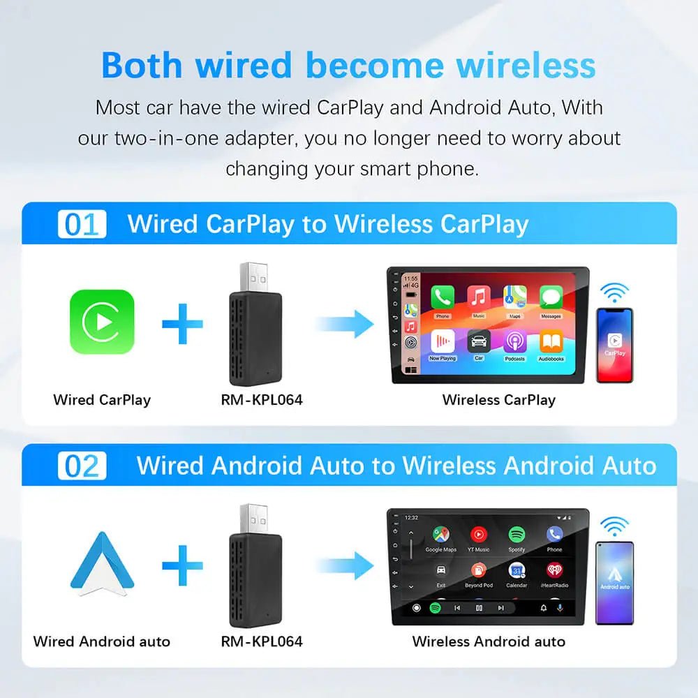 2in1 Wired to Wireless CarPlay Android Auto Adapter for OEM Car Stereo With USB - AdeLShop