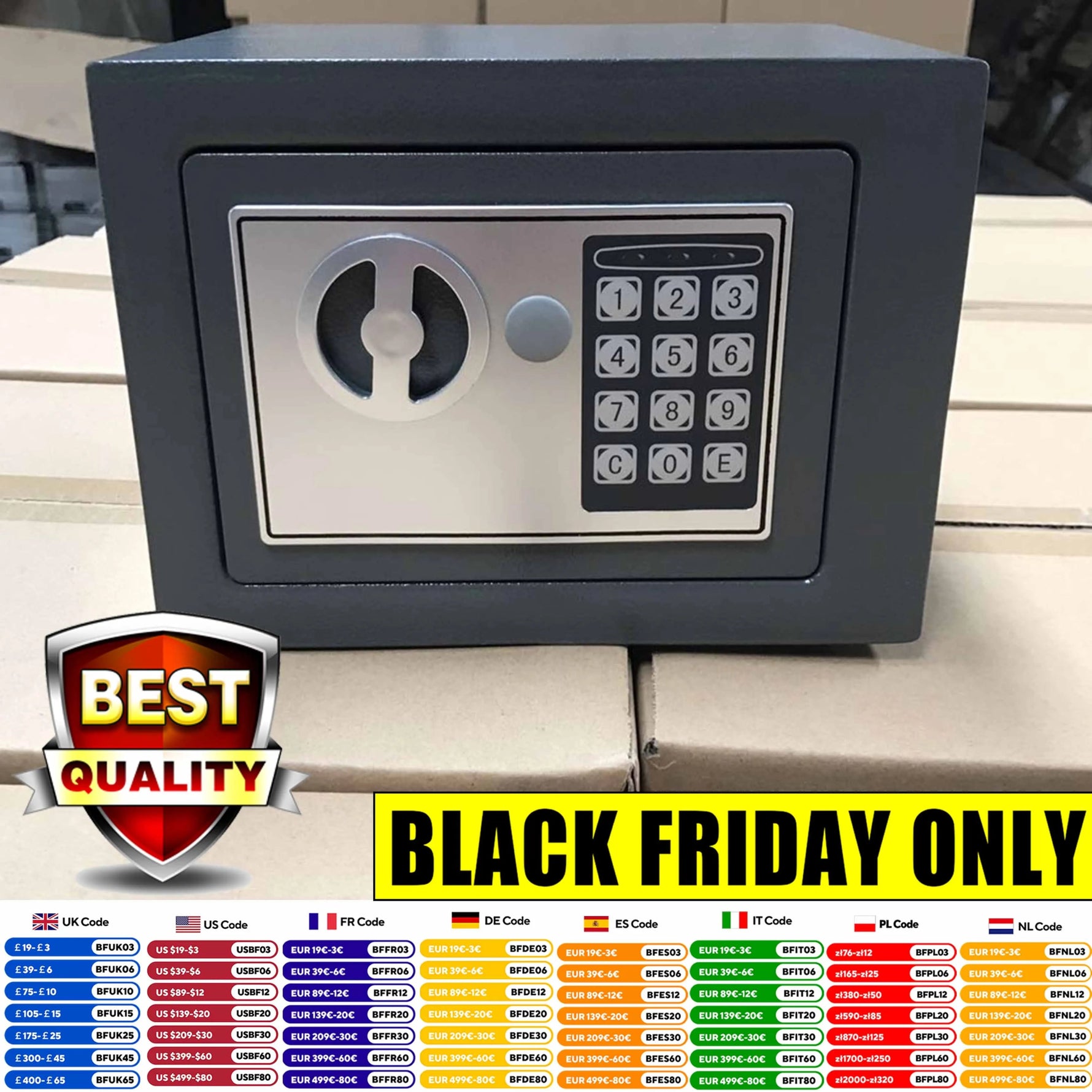 4.6L Home Digital Safe Electronic Cabinet Safes Cash Box Wall Safe with Key, Money Box for Office Hotel 230mmx170mmx170mm - Grey - AdeLShop