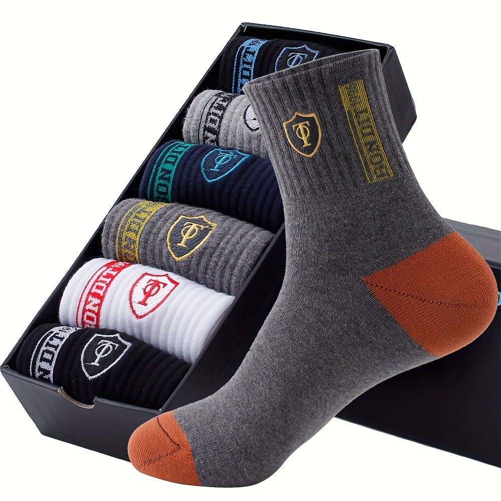 6 - Pack Minimalist Casual Letter Mid - Calf Socks, Breathable Business Men's Socks - AdeLShop