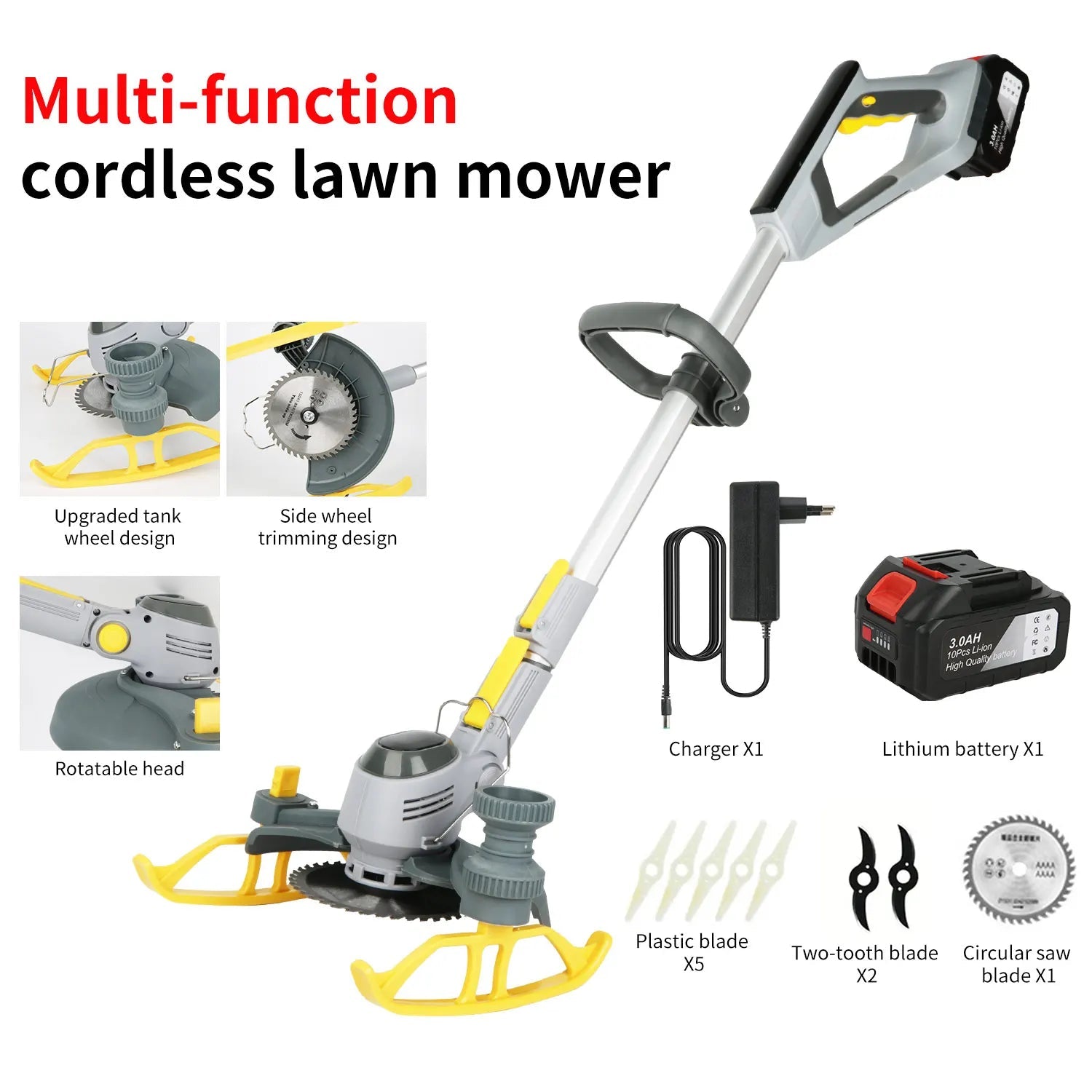 600W Cordless Grass Trimmer, 4 - in - 1 Lawn Trimmer,Wheel Edge Cutter - AdeLShop