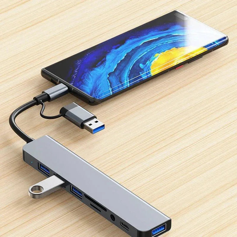 8 in 2 USB +Type C HUB Docking Station with 3.5mm Audio Jack Adapter Micro SD Card Reader Laptop Tablet Phone Disk Converter - AdeLShop