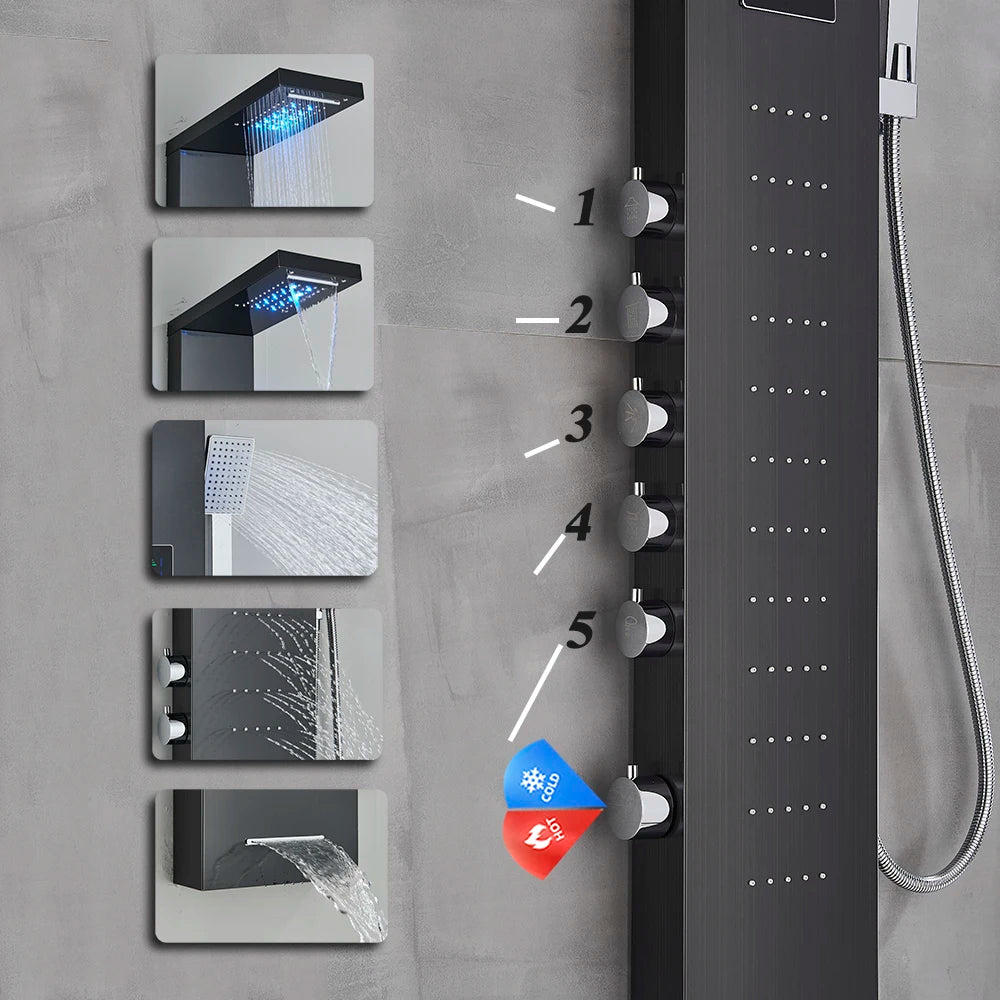 Bathroom LED Light Rain Waterfall Shower Panel Faucet Body Massage