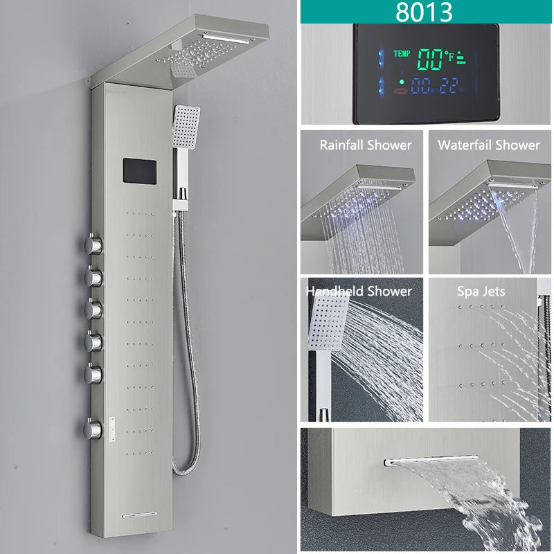 Bathroom LED Light Rain Waterfall Shower Panel Faucet Body Massage