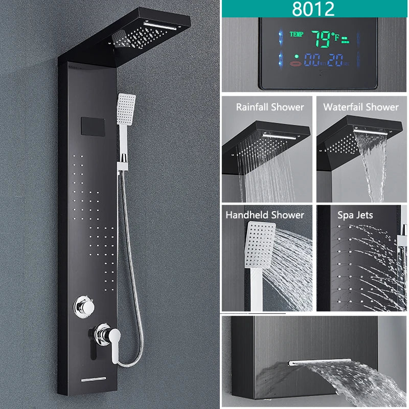 Bathroom LED Light Rain Waterfall Shower Panel Faucet Body Massage