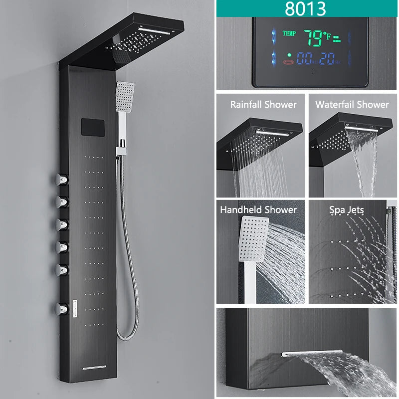 Bathroom LED Light Rain Waterfall Shower Panel Faucet Body Massage