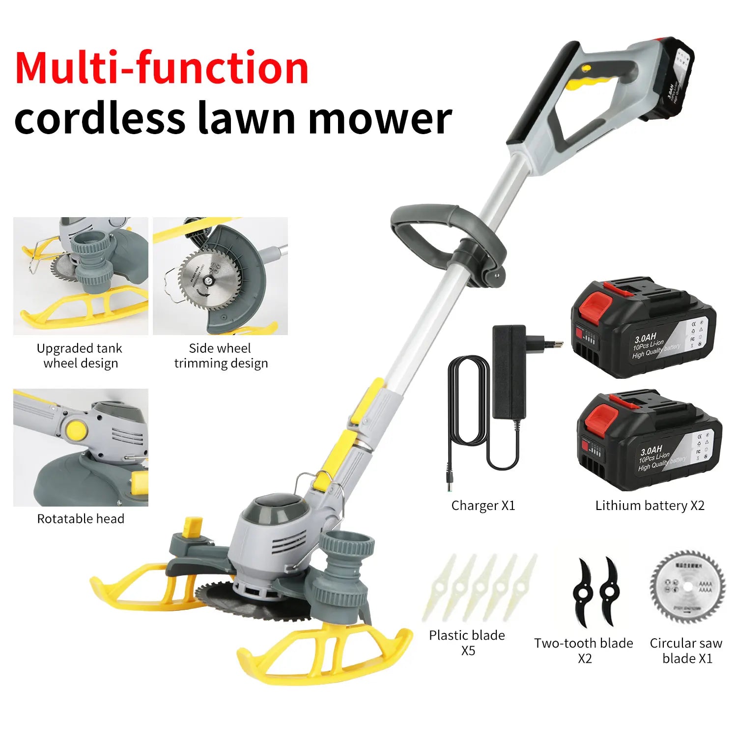 600W Cordless Grass Trimmer, 4-in-1 Lawn Trimmer,Wheel Edge Cutter