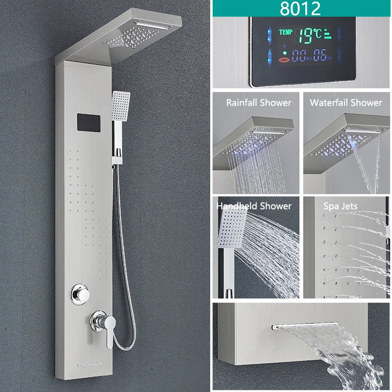 Bathroom LED Light Rain Waterfall Shower Panel Faucet Body Massage