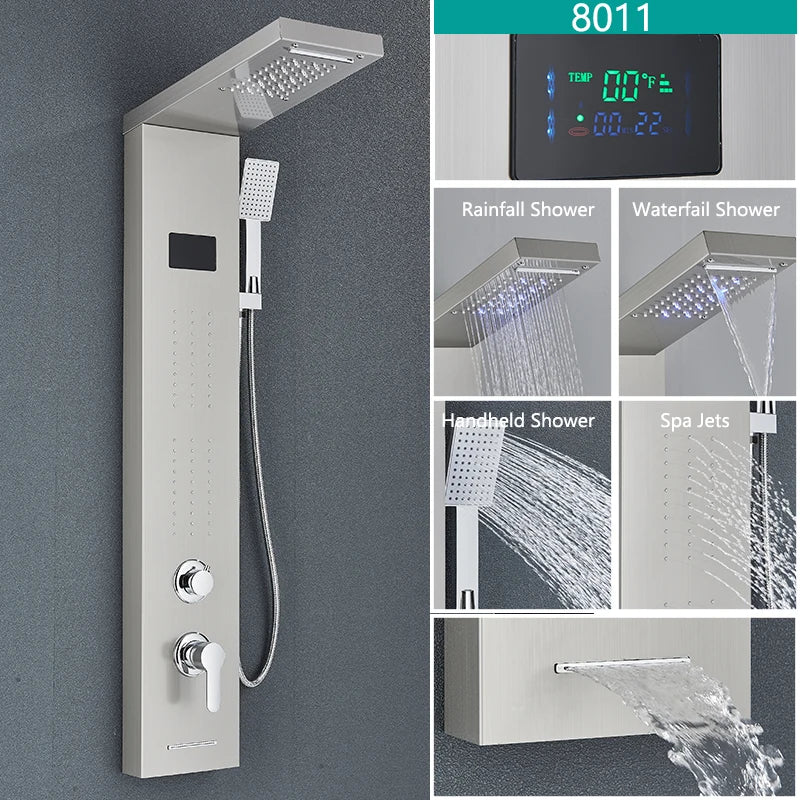 Bathroom LED Light Rain Waterfall Shower Panel Faucet Body Massage