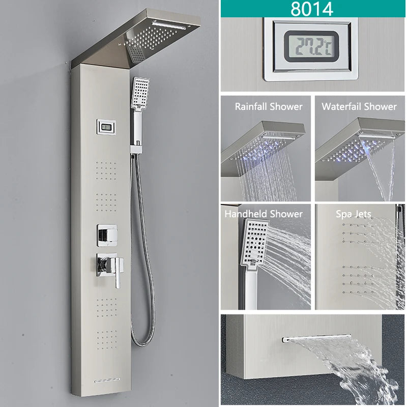 Bathroom LED Light Rain Waterfall Shower Panel Faucet Body Massage