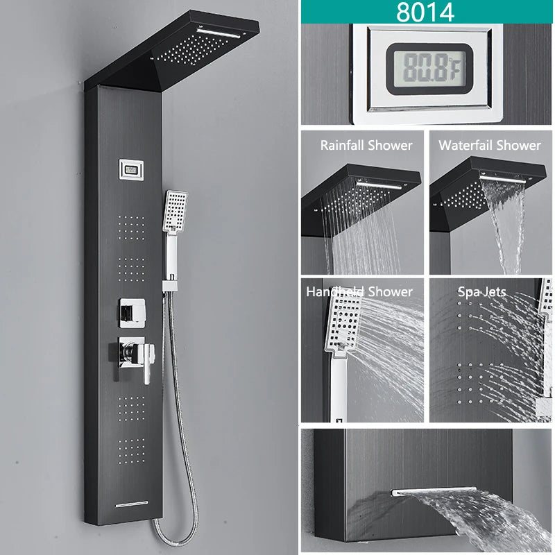 Bathroom LED Light Rain Waterfall Shower Panel Faucet Body Massage