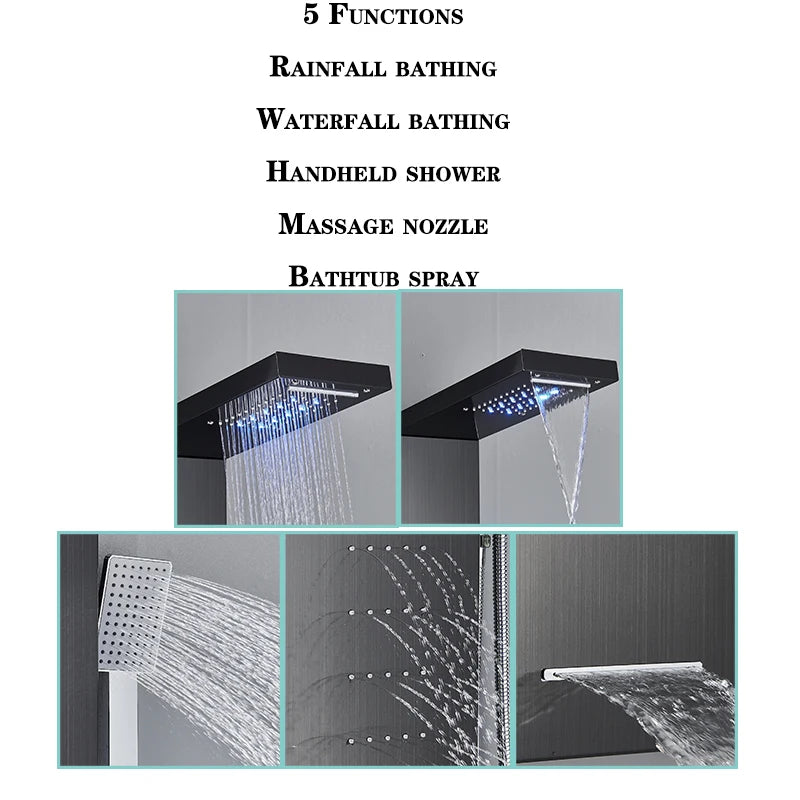 Bathroom LED Light Rain Waterfall Shower Panel Faucet Body Massage