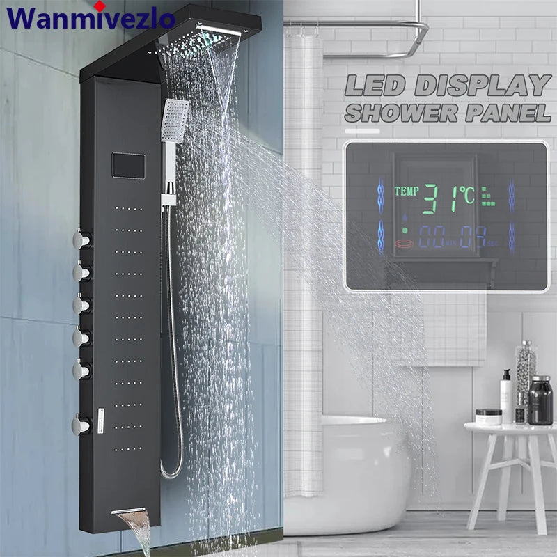Bathroom LED Light Rain Waterfall Shower Panel Faucet Body Massage