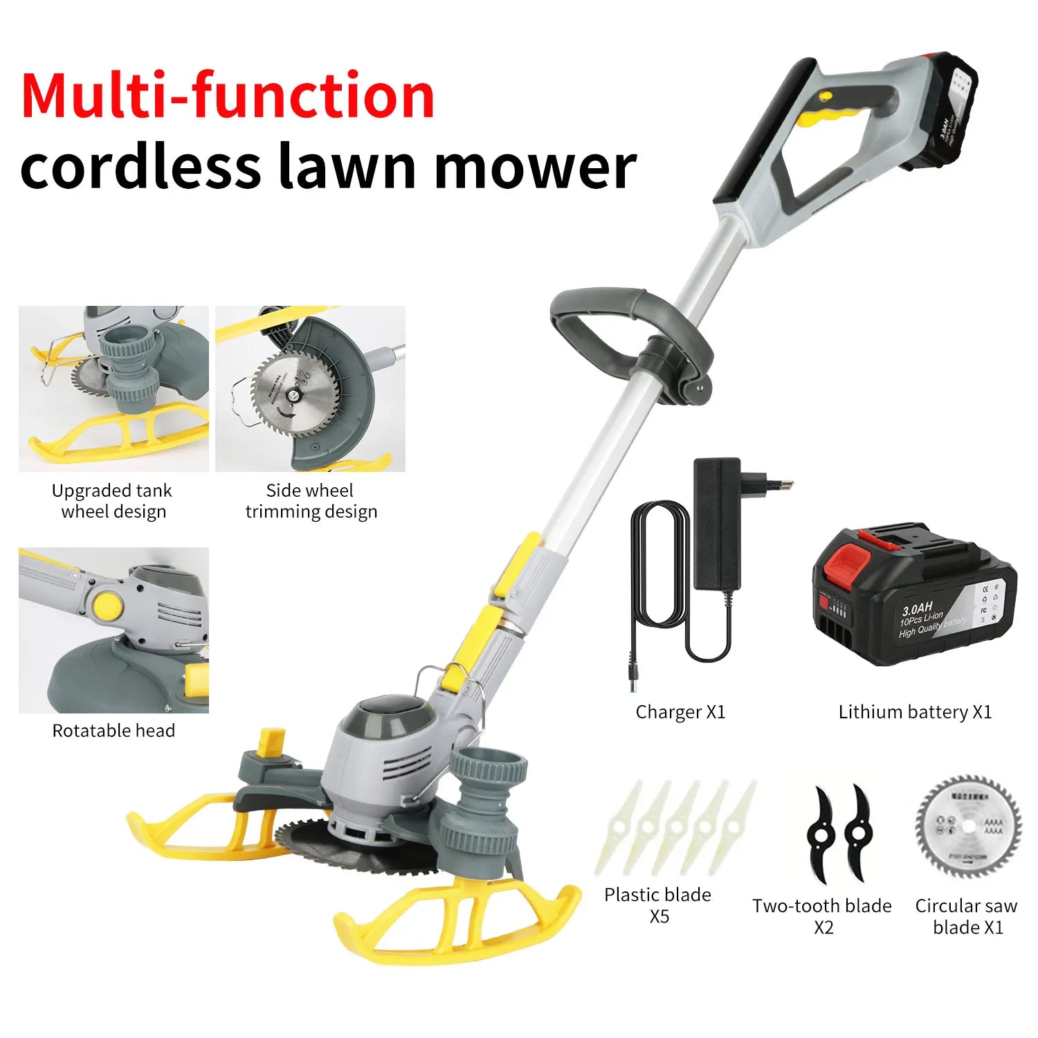 600W Cordless Grass Trimmer, 4-in-1 Lawn Trimmer,Wheel Edge Cutter