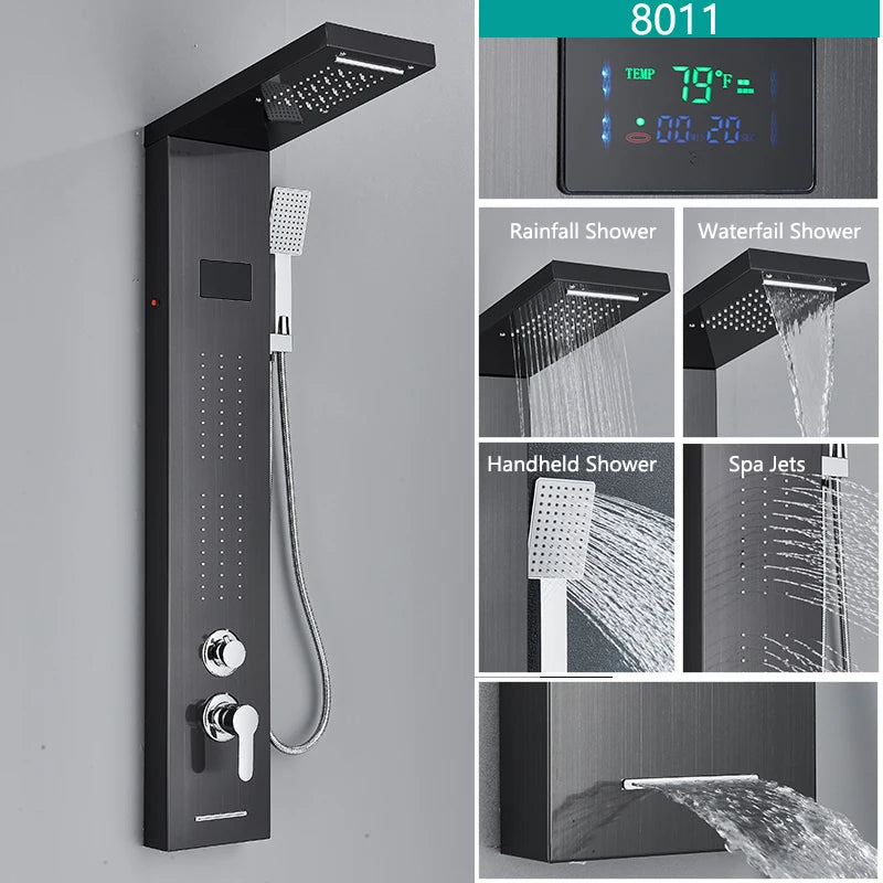 Bathroom LED Light Rain Waterfall Shower Panel Faucet Body Massage