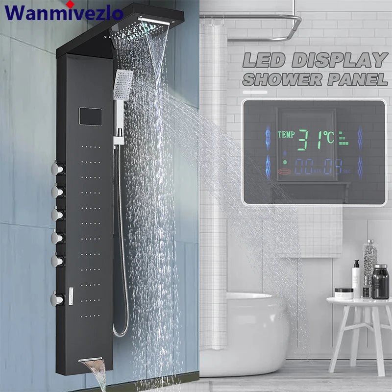 Bathroom LED Light Rain Waterfall Shower Panel Faucet Body Massage - AdeLShop