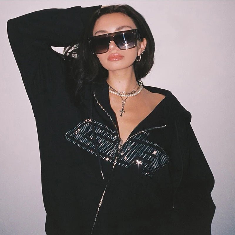 Bling Bling Shiny Rhinestone Hoodies Jacket Coat Skeleton Hoodie - AdeLShop