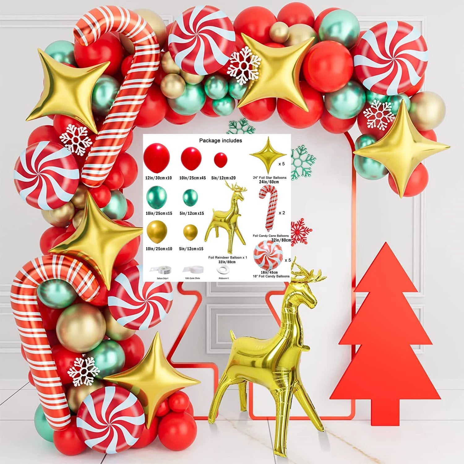 Christmas balloon decoration, red, green, four cornered stars, home - AdeLShop