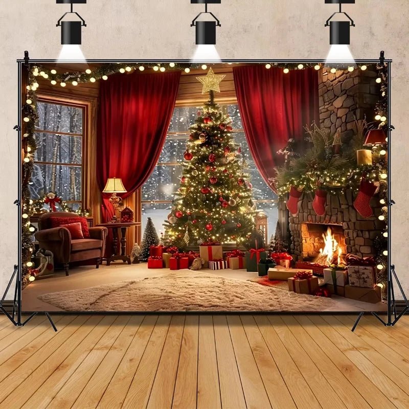 Christmas tree and fireplace background, suitable for holiday photos - AdeLShop