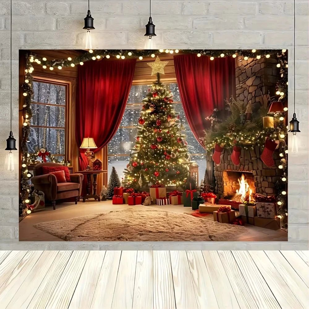 Christmas tree and fireplace background, suitable for holiday photos - AdeLShop