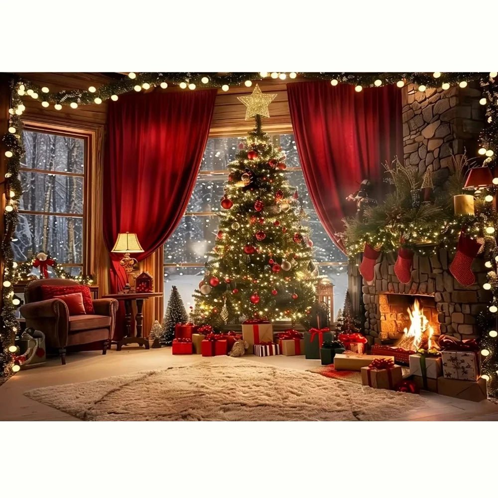 Christmas tree and fireplace background, suitable for holiday photos - AdeLShop