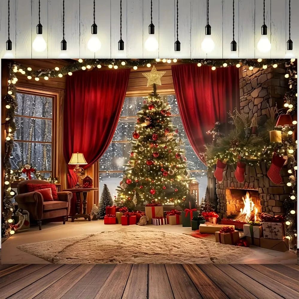 Christmas tree and fireplace background, suitable for holiday photos - AdeLShop