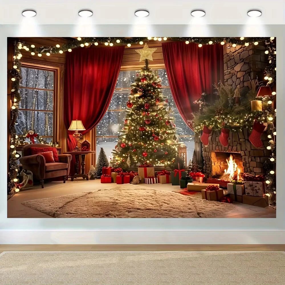 Christmas tree and fireplace background, suitable for holiday photos - AdeLShop