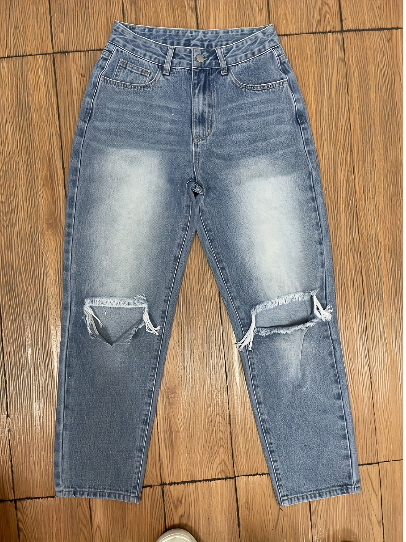 Effortlessly Cool Blue Ripped Straight - Leg Jeans for Women with Easy - Care & Pockets - AdeLShop