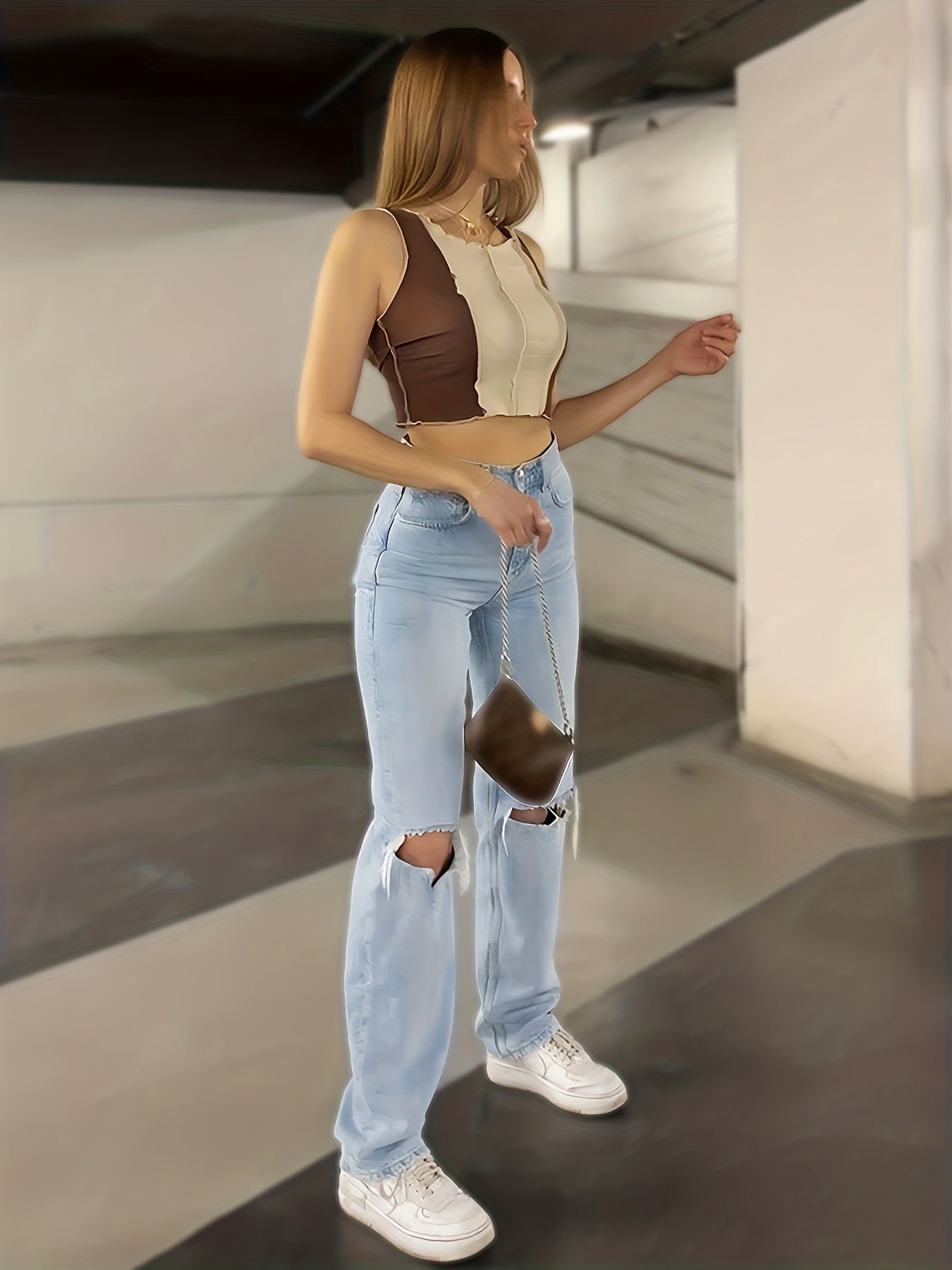 Effortlessly Cool Blue Ripped Straight - Leg Jeans for Women with Easy - Care & Pockets - AdeLShop