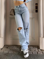 Effortlessly Cool Blue Ripped Straight - Leg Jeans for Women with Easy - Care & Pockets - AdeLShop