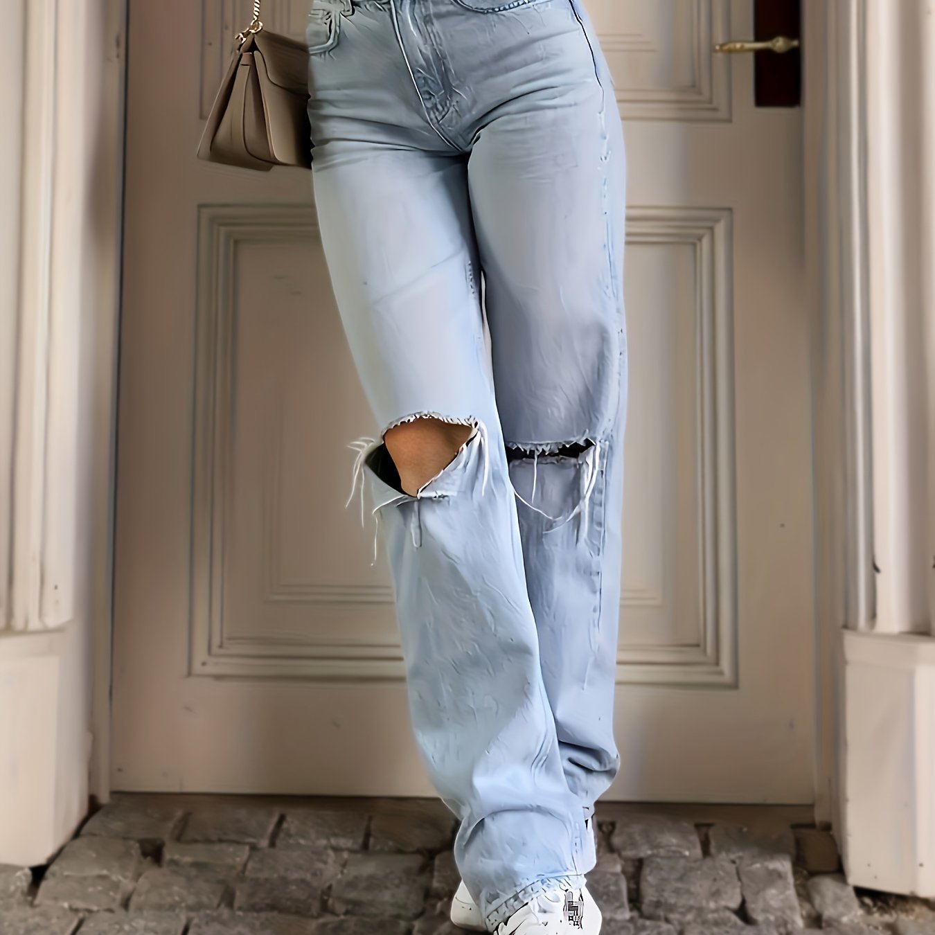 Effortlessly Cool Blue Ripped Straight - Leg Jeans for Women with Easy - Care & Pockets - AdeLShop