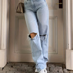 Effortlessly Cool Blue Ripped Straight - Leg Jeans for Women with Easy - Care & Pockets - AdeLShop