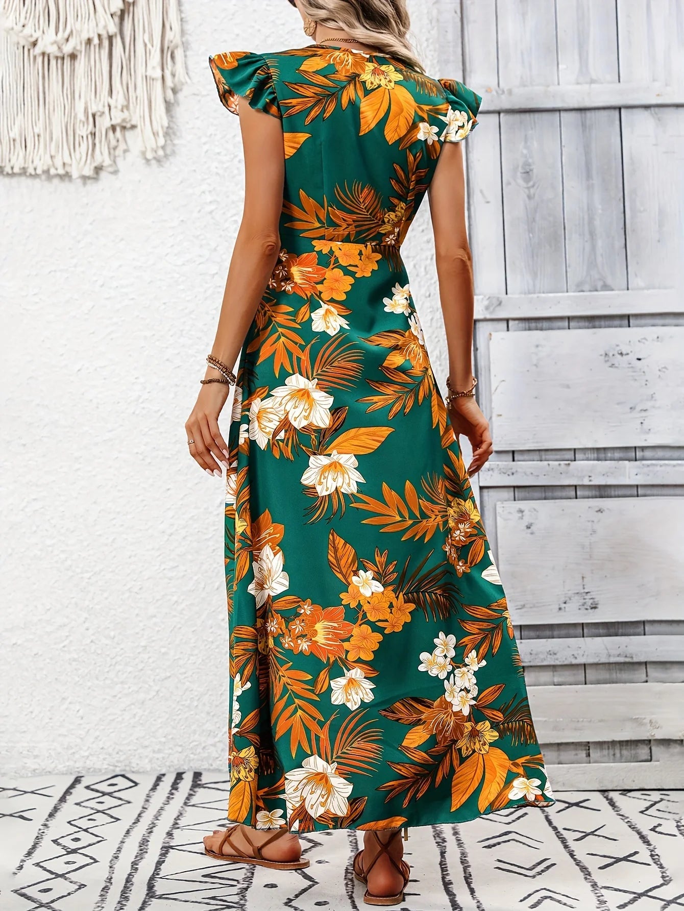 European and American style floral slit mid length dress - AdeLShop