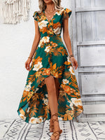 European and American style floral slit mid length dress - AdeLShop