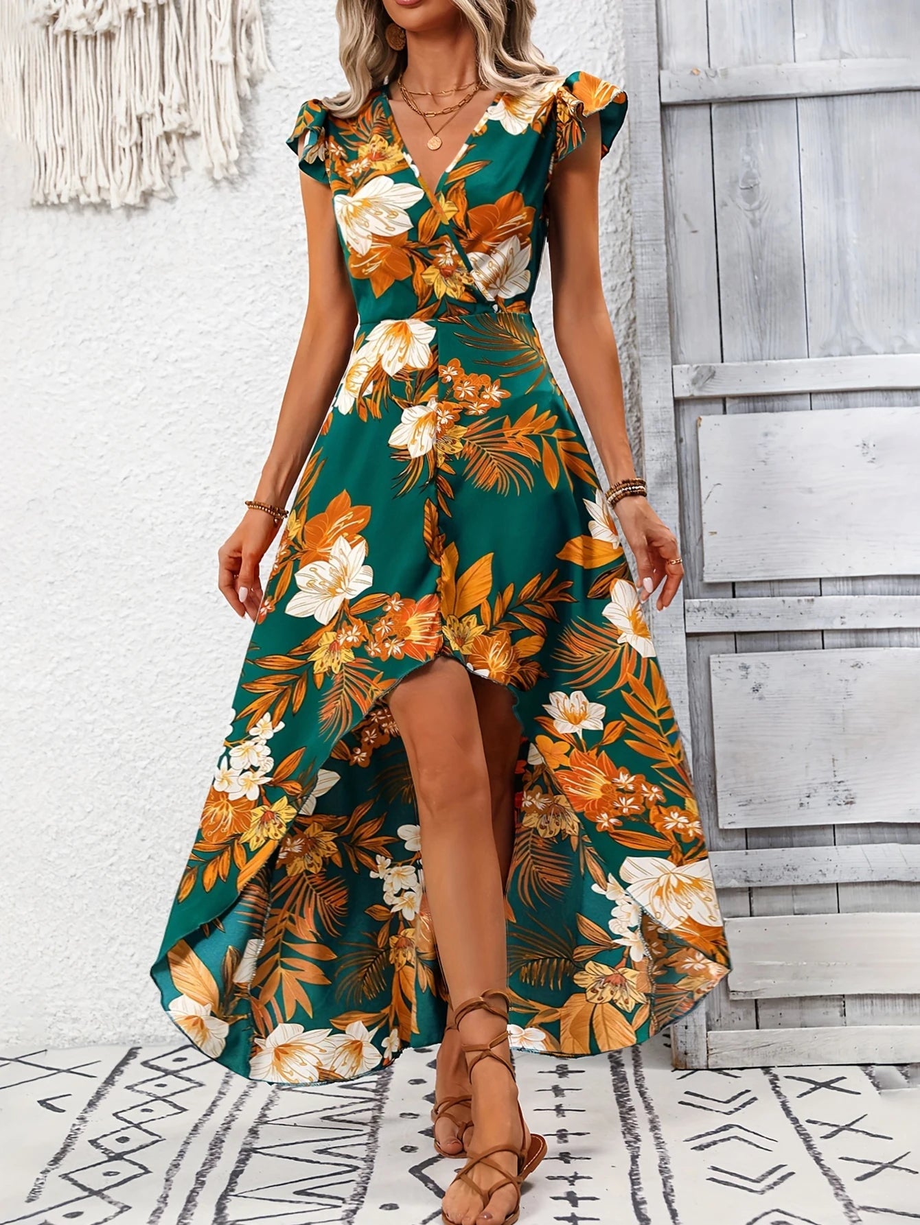 European and American style floral slit mid length dress - AdeLShop