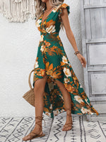 European and American style floral slit mid length dress - AdeLShop