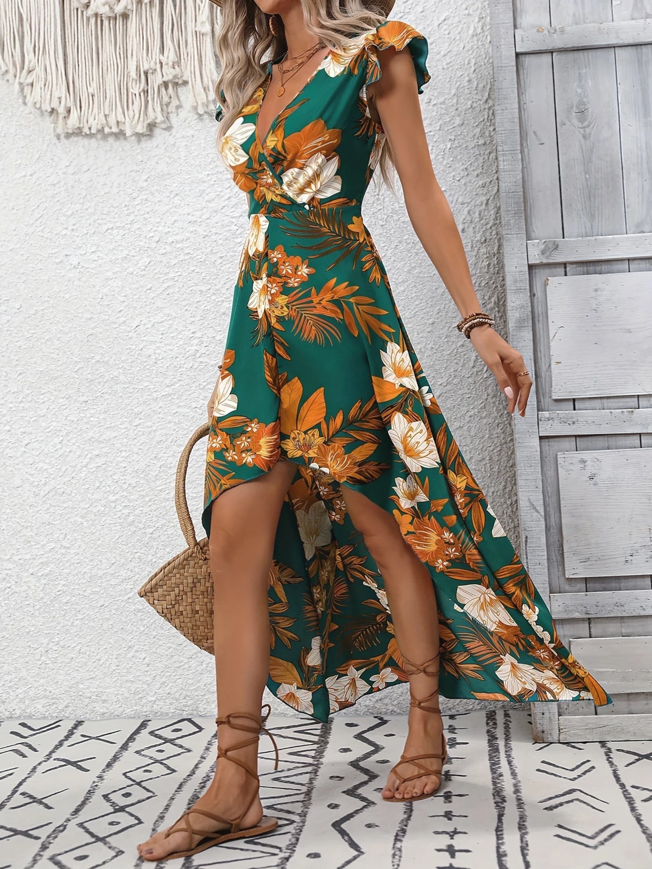 European and American style floral slit mid length dress - AdeLShop