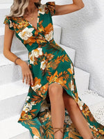 European and American style floral slit mid length dress - AdeLShop