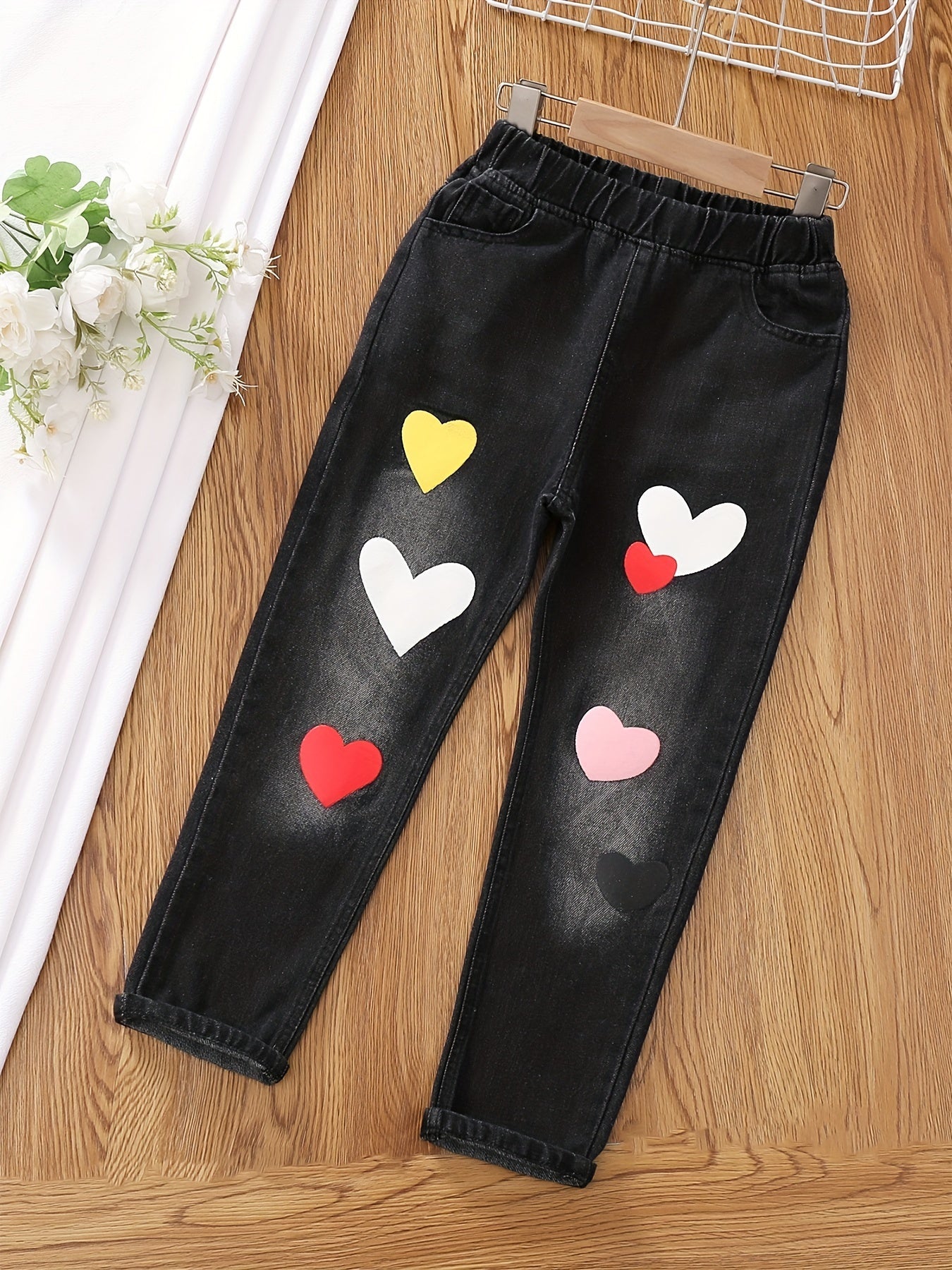 Girls Ripped Tapered Jeans, Cartoon Pattern Elastic Waistband Denim - AdeLShop