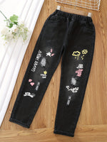 Girls Ripped Tapered Jeans, Cartoon Pattern Elastic Waistband Denim - AdeLShop
