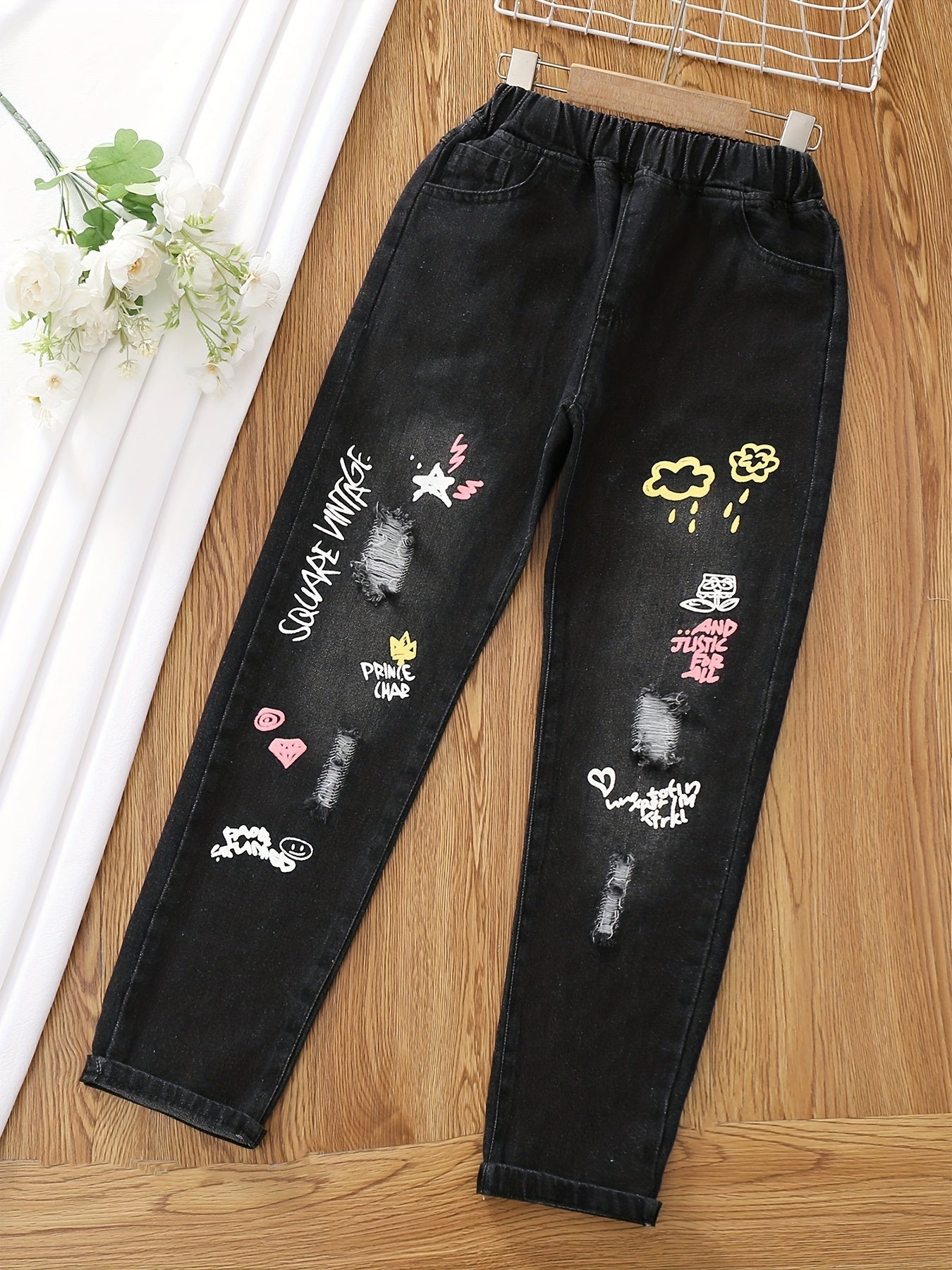 Girls Ripped Tapered Jeans, Cartoon Pattern Elastic Waistband Denim - AdeLShop