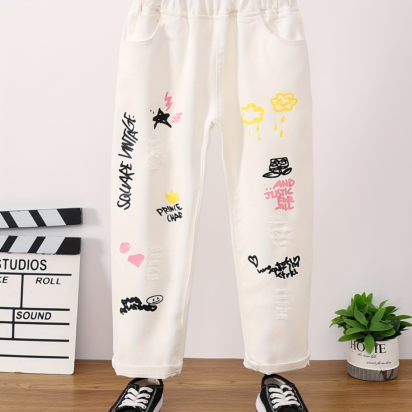 Girls Ripped Tapered Jeans, Cartoon Pattern Elastic Waistband Denim - AdeLShop
