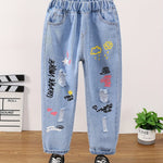 Girls Ripped Tapered Jeans, Cartoon Pattern Elastic Waistband Denim - AdeLShop