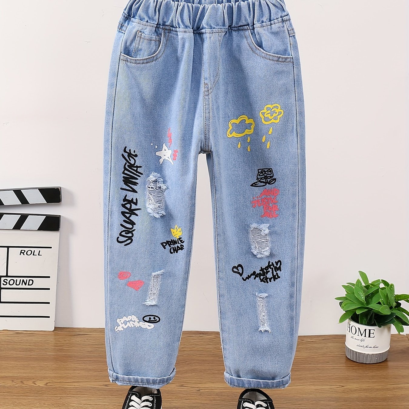 Girls Ripped Tapered Jeans, Cartoon Pattern Elastic Waistband Denim - AdeLShop