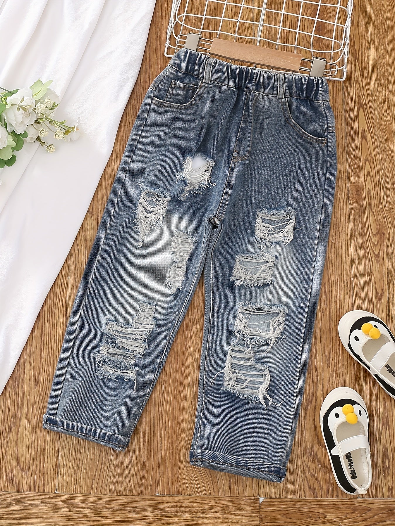 Girls Ripped Tapered Jeans, Cartoon Pattern Elastic Waistband Denim - AdeLShop