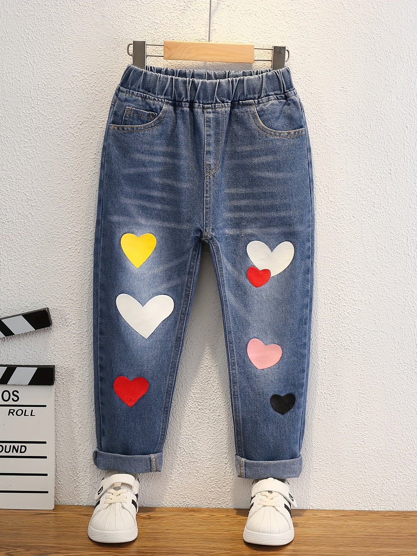 Girls Ripped Tapered Jeans, Cartoon Pattern Elastic Waistband Denim - AdeLShop