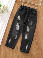 Girls Ripped Tapered Jeans, Cartoon Pattern Elastic Waistband Denim - AdeLShop