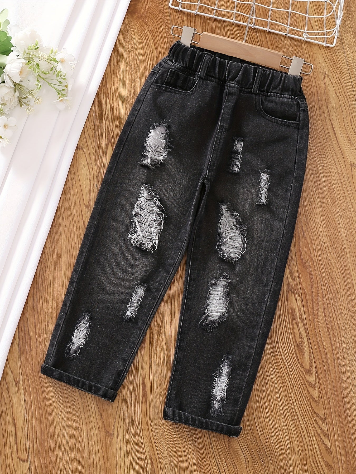 Girls Ripped Tapered Jeans, Cartoon Pattern Elastic Waistband Denim - AdeLShop