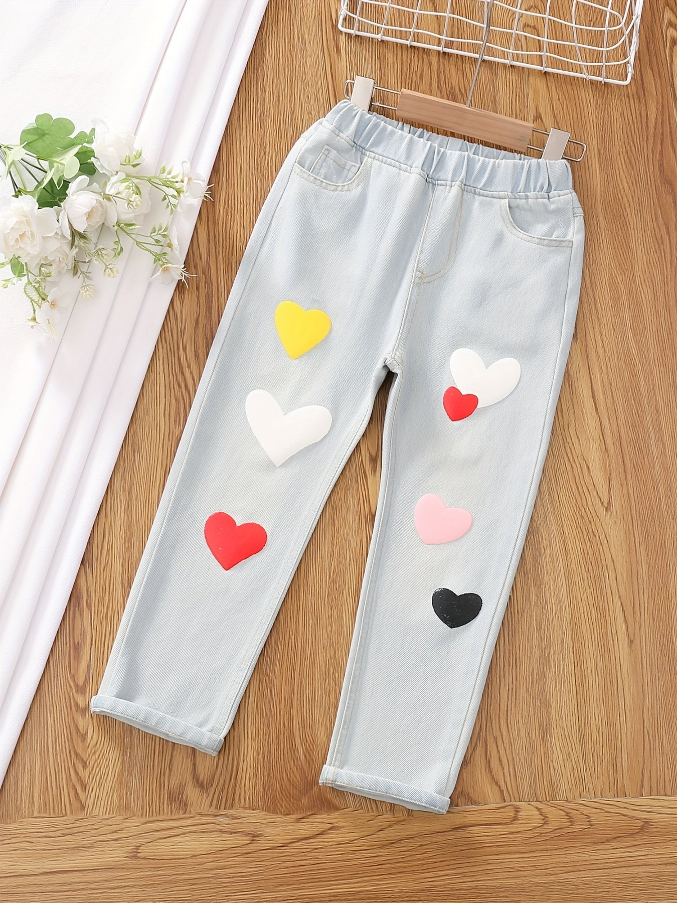 Girls Ripped Tapered Jeans, Cartoon Pattern Elastic Waistband Denim - AdeLShop