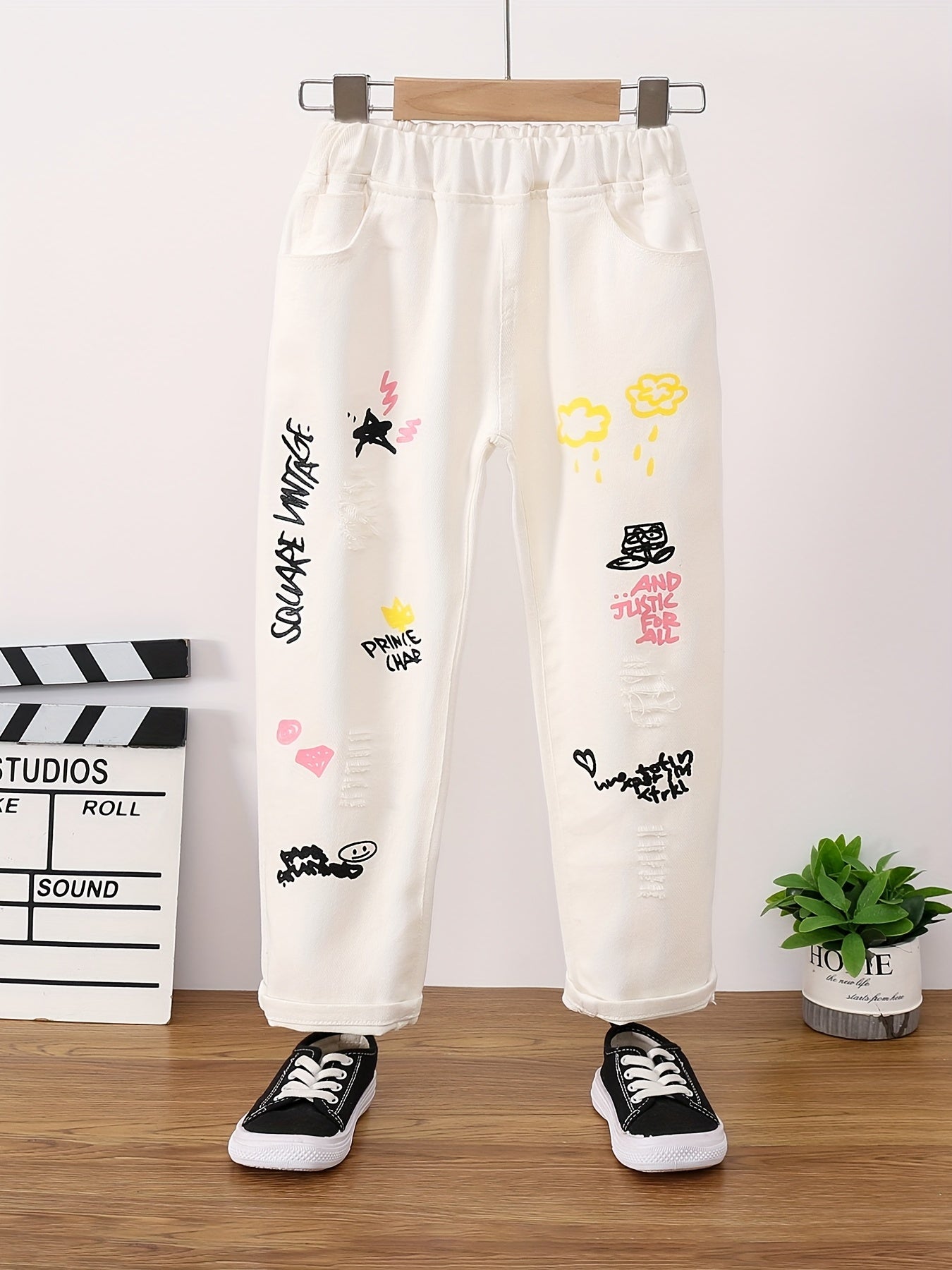 Girls Ripped Tapered Jeans, Cartoon Pattern Elastic Waistband Denim - AdeLShop