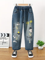 Girls Ripped Tapered Jeans, Cartoon Pattern Elastic Waistband Denim - AdeLShop